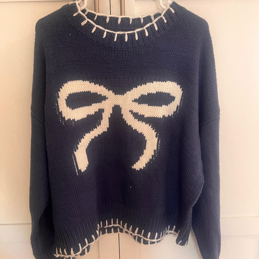 Navy Blue Sweater with White Bow Design Size M